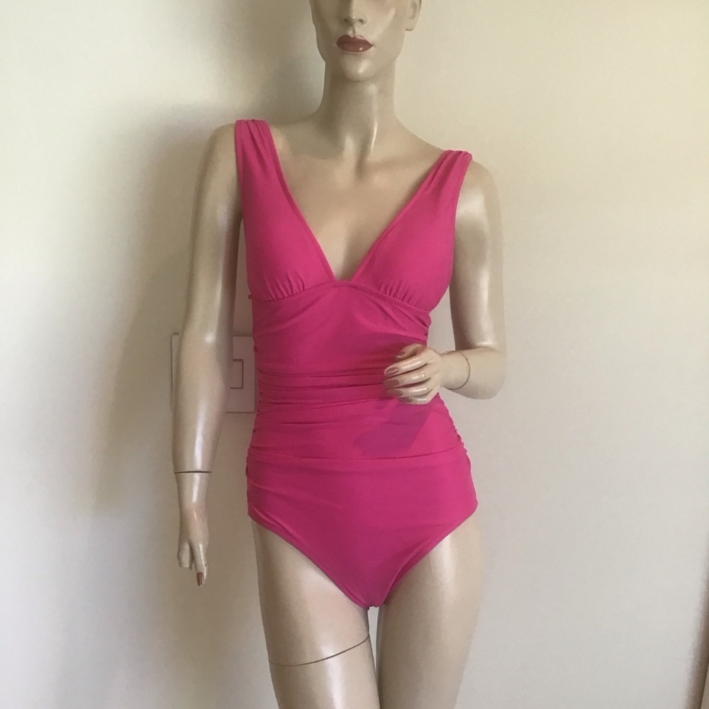 NWT J Crew Radiant Fuschia Pink V Neck Ruched Retro‎ One Piece Swimsuit 8